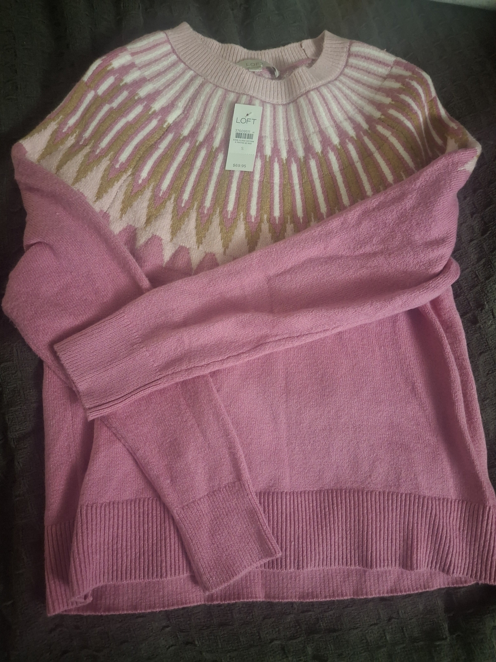 LOFT Pink Fair Isle Yoke Crew Sweater